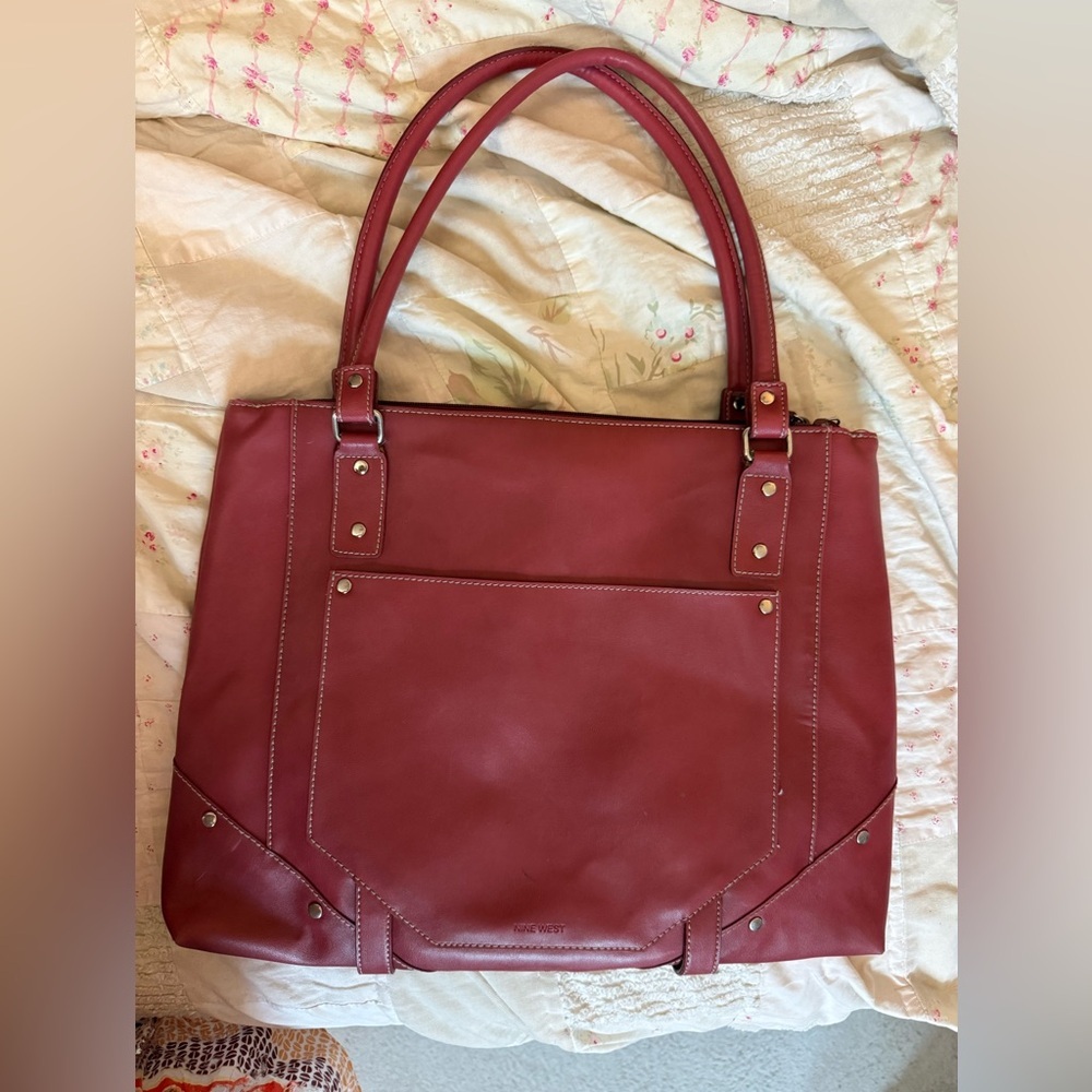 Vintage Nine West Deep Red Faux Leather Tote with Front Pocket